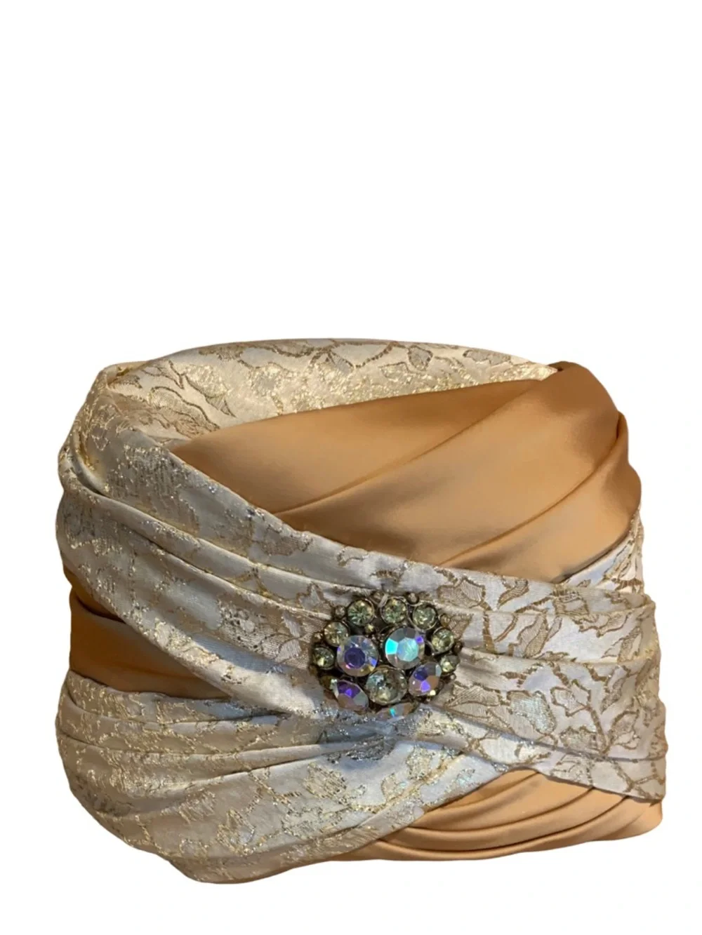 VINTAGE SHILLITOS 1960'S GOLD & CREAM SATIN RUCHED BROCADE TURBAN STYLE HAT - Picture 9 of 13
